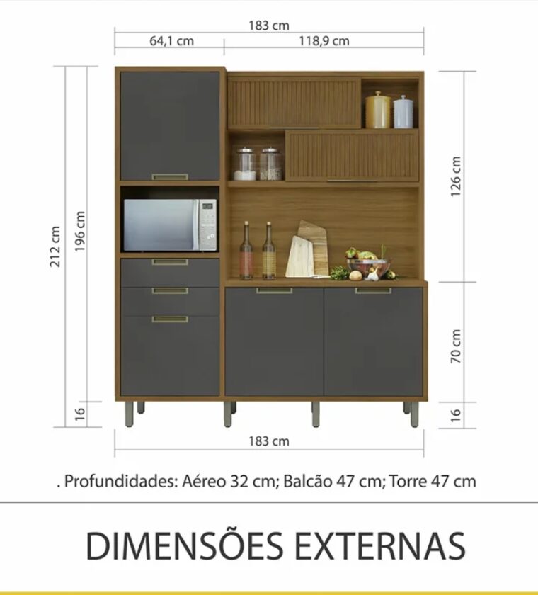 Cozinha Loft Imperatriz 6 portas/2 gavetas - Freijo/Grafite - Nesher