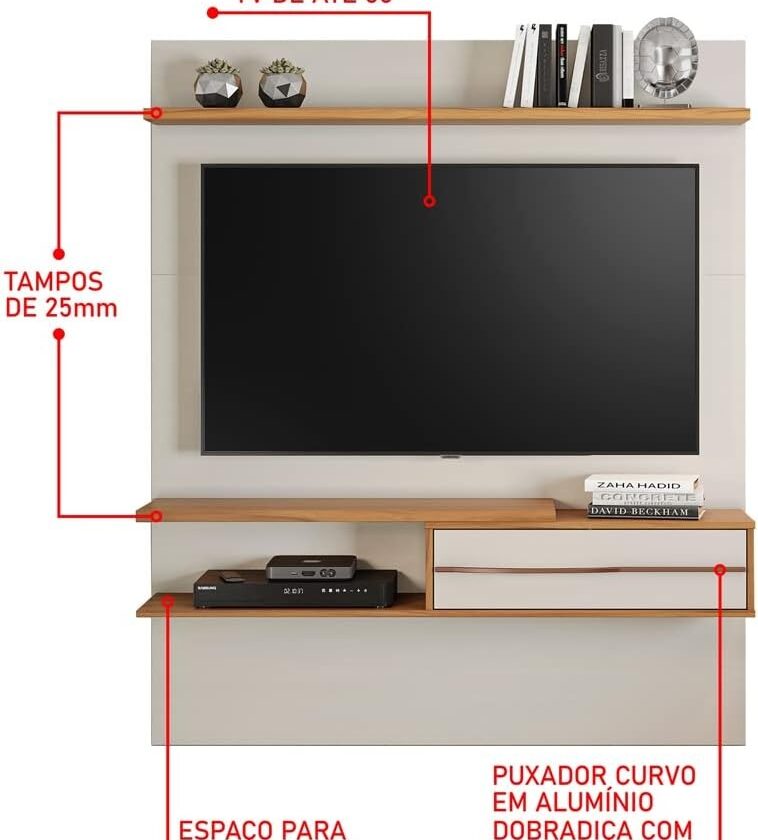 Painel para Tv 55 Polegadas 1,35m Off White/Freijó Trend com Lampada Led