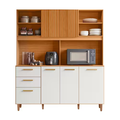 Armário de Cozinha Compacto 160cm Sicília Largo 6 Portas 2 Gavetas Freijo Ripado Off White Poliman - Freijó | Off white