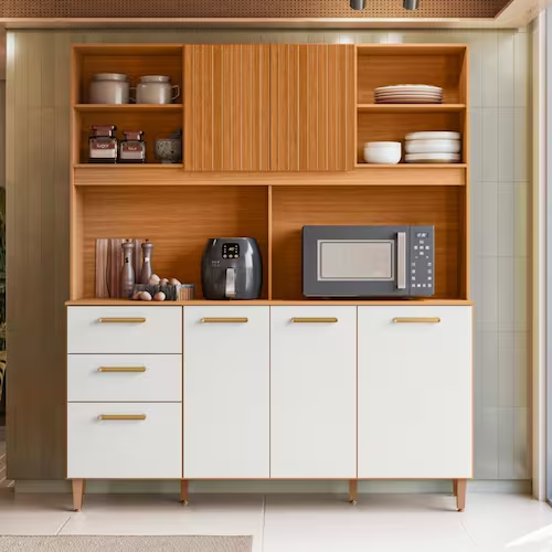 Armário de Cozinha Compacto 160cm Sicília Largo 6 Portas 2 Gavetas Freijo Ripado Off White Poliman - Freijó | Off white
