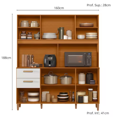 Armário de Cozinha Compacto 160cm Sicília Largo 6 Portas 2 Gavetas Freijo Ripado Off White Poliman - Freijó | Off white