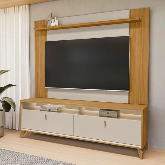 Rack Com Painel Para Tv 55 Polegadas Com Led Pés Em Madeira Maciça Dubai Tauari/off White Fosco