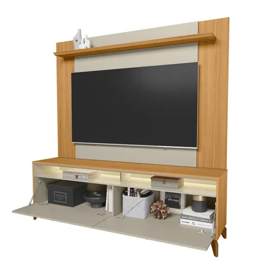 Rack Com Painel Para Tv 55 Polegadas Com Led Pés Em Madeira Maciça Dubai Tauari/off White Fosco