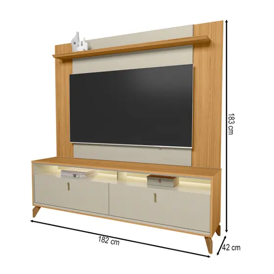 Rack Com Painel Para Tv 55 Polegadas Com Led Pés Em Madeira Maciça Dubai Tauari/off White Fosco