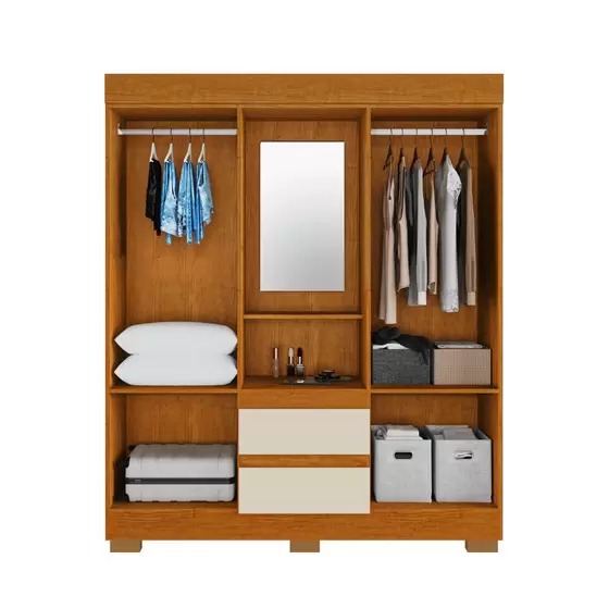 Guarda Roupa ACP Isabely 4 Portas com Espelho e Pés - Cinamomo/Off White