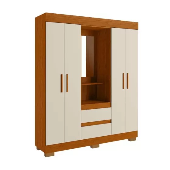 Guarda Roupa ACP Isabely 4 Portas com Espelho e Pés - Cinamomo/Off White