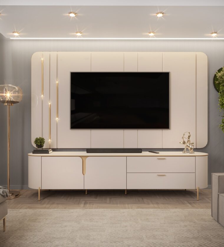 Bancada Com Painel Celine Para TV Até 75 Polegadas 2 Portas 2 Gavetas LED Off White- DJ Móveis