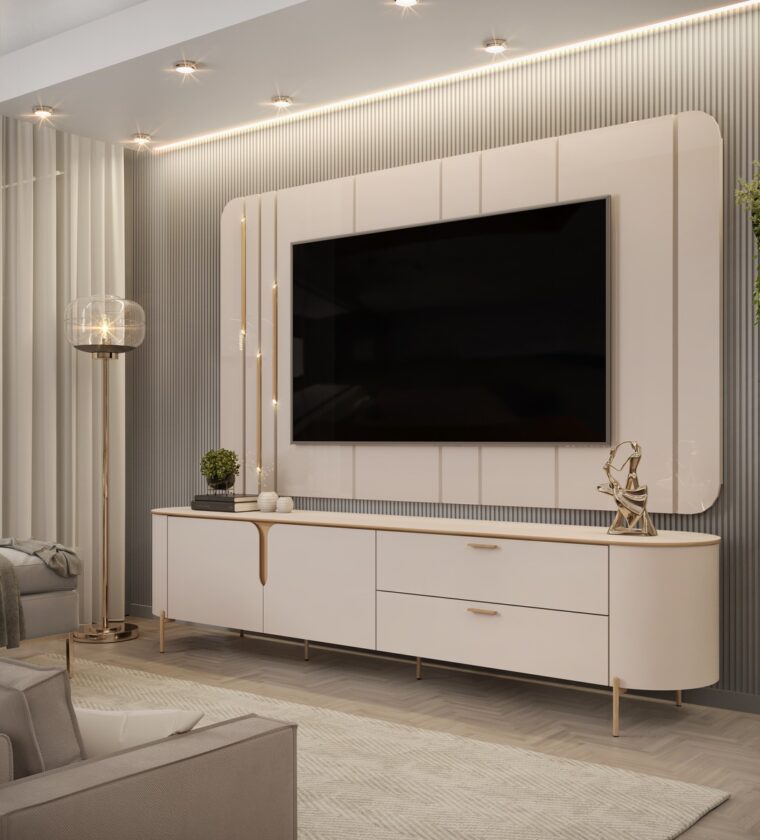 Bancada Com Painel Celine Para TV Até 75 Polegadas 2 Portas 2 Gavetas LED Off White- DJ Móveis
