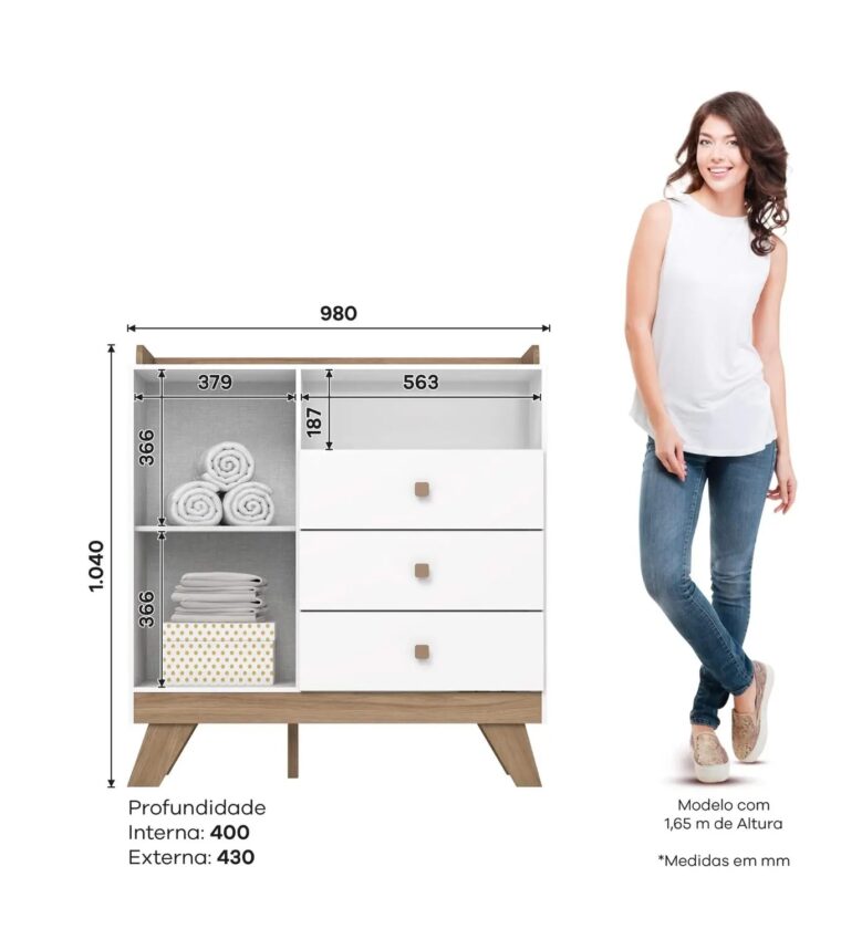 Cômoda 3 Gavetas 1 Porta Confete Branco/Jequitibá HP - Henn