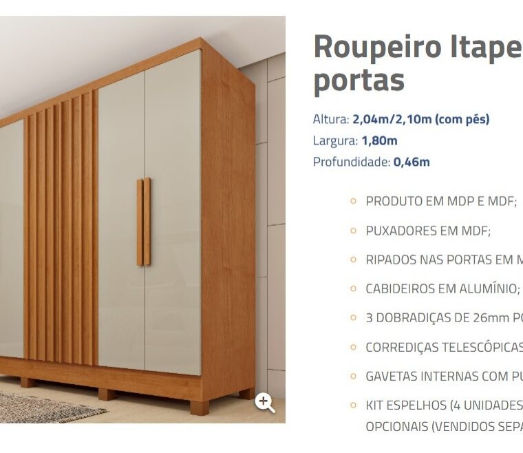 Guarda Roupa Itaperuna 6 Portas e 4 Gavetas Internas Tcil Cinamomo Off