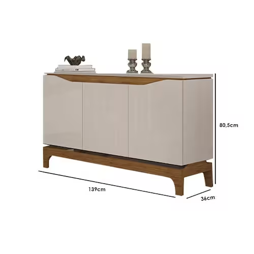 Buffet Aparador 3 Portas em MDF com Pés em MDF Joile Cedro/Off White