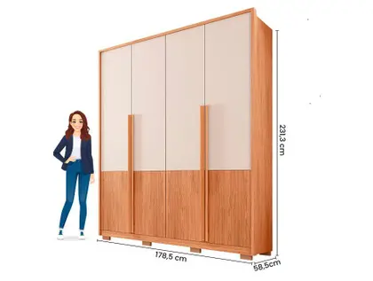 Guarda Roupa Solteiro 4 Portas (2 Ripadas) e 3 Gavetas Francis 1.8 Freijo/Sued - Caemmun - Blush