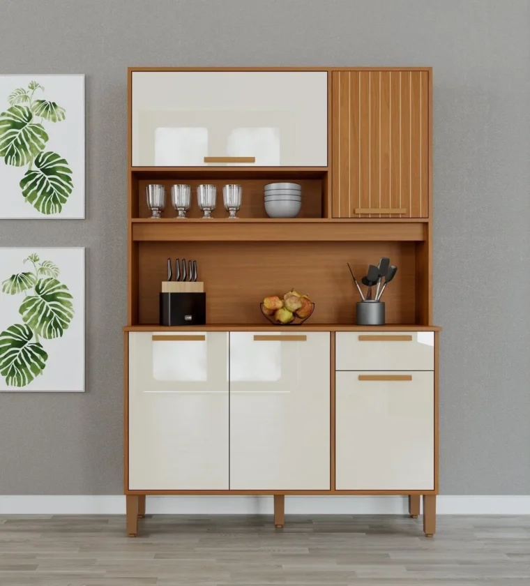 Armário de Cozinha Compacto 5 Portas e 1 Gaveta Roma com Puxadores em MDF Freijó/Off White