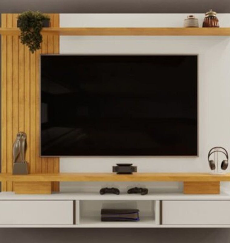 Painel Home p/TV até 65 Polegadas Leoni Ripado c/ Prateleira e Nichos 180x162cm Bali/Cedro - DJ Móveis