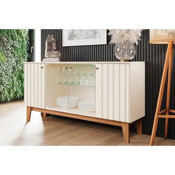 Aparador Buffet 4 Portas Ripado Com Vidro Eiffel - Off White / Nature - MÓVEIS HENN
