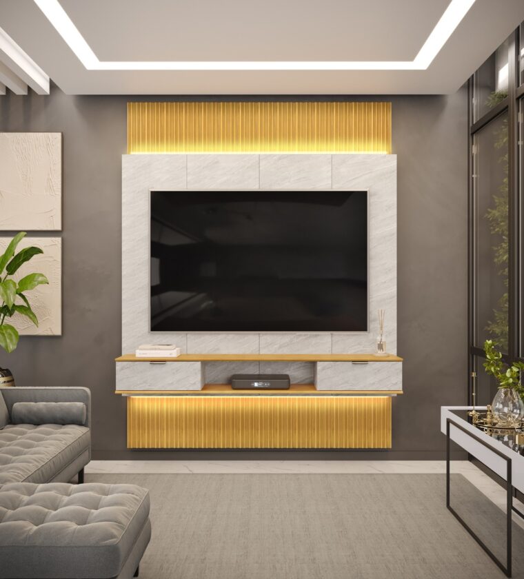 Painel Home p/ TV até 85 Polegadas Hit 2290 100% MDF Extensível c/ Led de 240 a 290cm Freijó/Off White - DJ Móveis