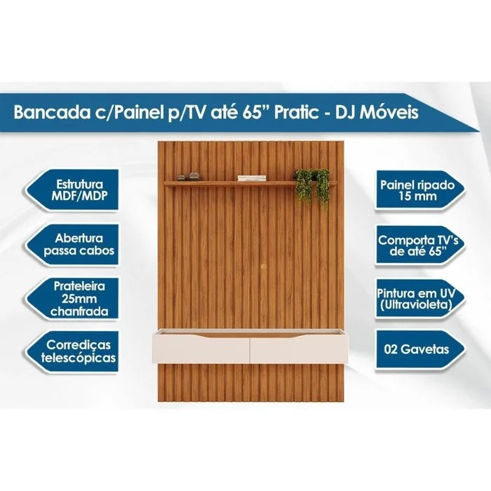 Rack Bancada c/ Painel p/ TV até 65 Pol Pratic Ripado 2 Gavetas 183x240cm Bali - DJ Móveis
