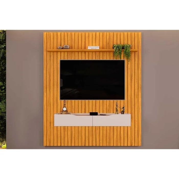 Rack Bancada c/ Painel p/ TV até 65 Pol Pratic Ripado 2 Gavetas 183x240cm Bali - DJ Móveis