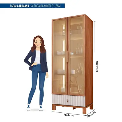 Cristaleira 2 Portas Reflecta com LED e 1 Gaveta Lumy Marrom/Freijo/Off White Mr - Caemmun