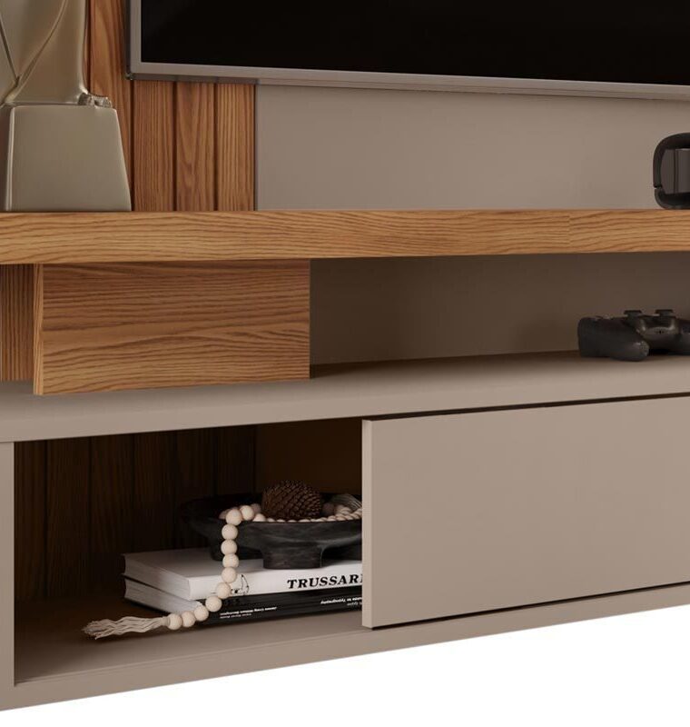 Painel Home p/TV até 65 Polegadas Leoni Ripado c/ Prateleira e Nichos 180x162cm Bali/Cedro - DJ Móveis