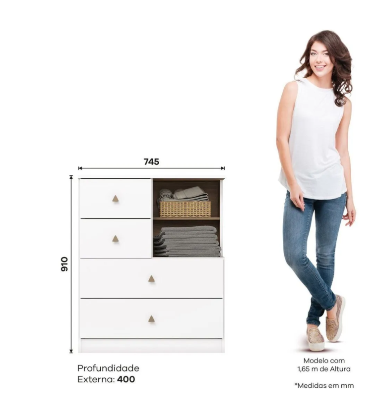 Cômoda Infantil 04 Gavetas com Nichos Decorativos Vanila Branco/Jequitibá Hp