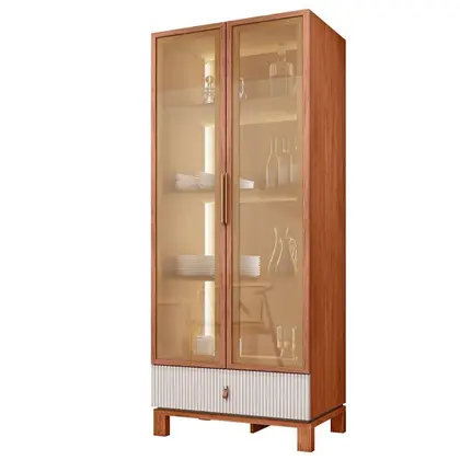 Cristaleira 2 Portas Reflecta com LED e 1 Gaveta Lumy Marrom/Freijo/Off White Mr - Caemmun