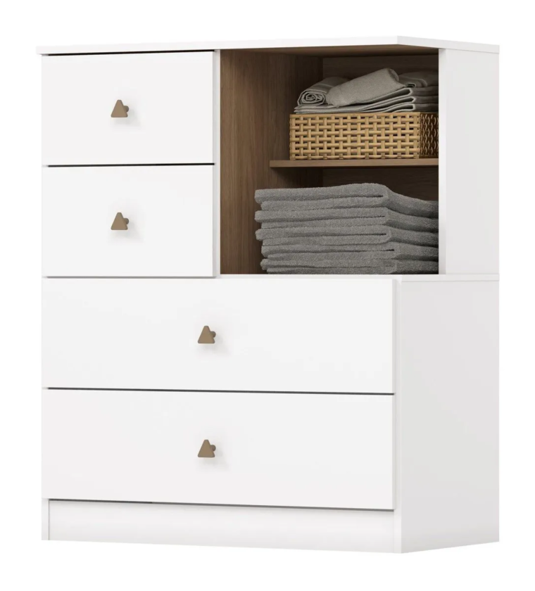 Cômoda Infantil 04 Gavetas com Nichos Decorativos Vanila Branco/Jequitibá Hp
