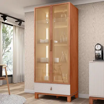 Cristaleira 2 Portas Reflecta com LED e 1 Gaveta Lumy Marrom/Freijo/Off White Mr - Caemmun