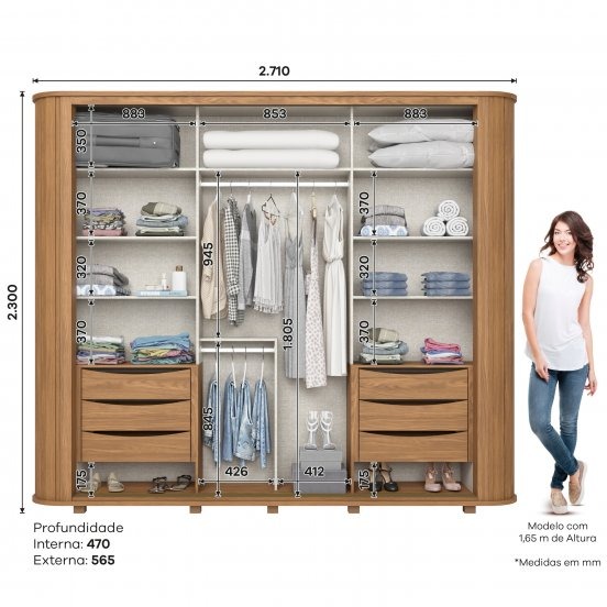 Guarda Roupa Casal Mozzate 2 Portas 6 Gavetas com Pés Inclusos D340 Cinamomo Off White Avelã - Henn