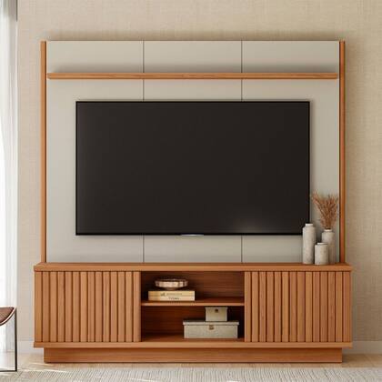 Estante Home Ravenna + Kit 6 Pés Para TV Até 75 Polegadas Linea Brasil - Canela/Off White Fosco