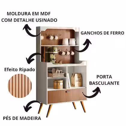 Cantinho do Café Rubi Armário Para Cozinha Off White Perolizado/Tauari Ripado - Lukaliam Móveis
