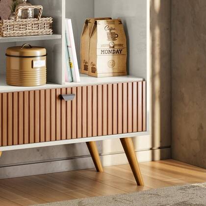 Cantinho do Café Rubi Armário Para Cozinha Off White Perolizado/Tauari Ripado - Lukaliam Móveis